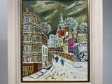 une peinture à l'huile représentant une rue enneigée dans une ville