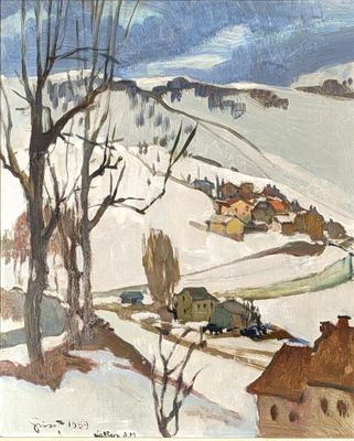 an image of a painting of a snowy landscape with houses in the foreground