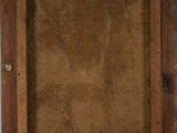 a painting of an old wooden frame with a label on it