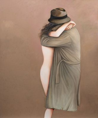 an image of a painting of a woman in a hat hugging a man