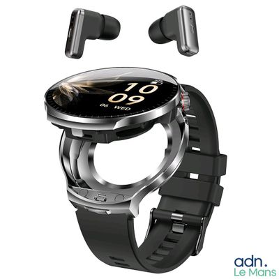 une image d'une montre connectée à laquelle sont fixés des écouteurs