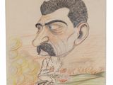 un vieux dessin représentant un homme avec une moustache et une barbe, assis devant un feu