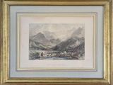 an image of a painting of a mountain scene in a gold frame