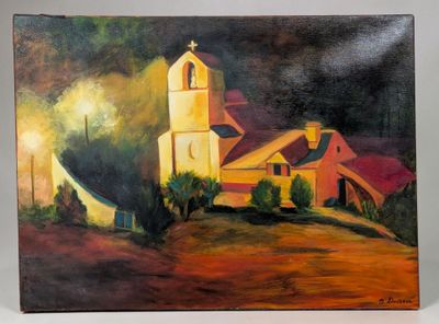 tableau représentant une église sur une colline, avec le ciel en arrière-plan