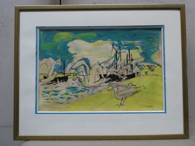 painting of a painting of a boat in a body of water with trees in the background