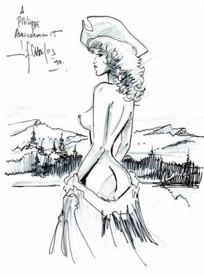 drawing of a woman in a dress and hat standing in a field