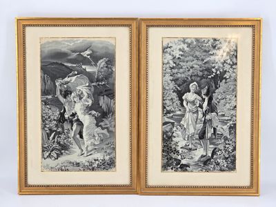 two framed pictures of a woman and a child in a garden