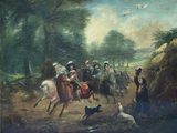 a painting of a group of people riding horses and dogs