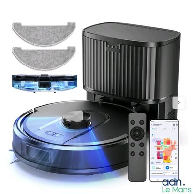 an image of a robotic vacuum cleaner with a remote control