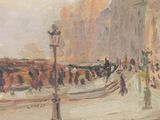 painting of a street scene with people walking on the sidewalk