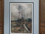 painting of a landscape with trees and a dirt road in the foreground