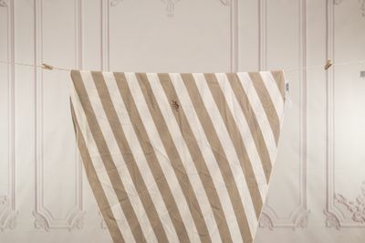 a brown and white striped cloth hanging on a clothes line