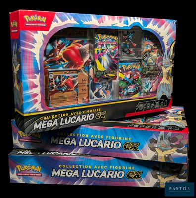 Deux boîtes de Pokémon Mega Lucario sont empilées l'une sur l'autre
