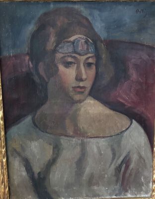 tableau représentant une femme en robe blanche, un bandana sur la tête