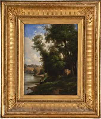 a painting of a landscape with a river and trees in the foreground