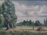 an oil painting of a person in a field near a tree and hay stacks