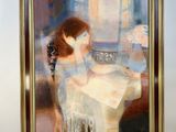 painting of a woman in a white dress sitting in a chair in front of a window