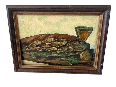 framed oil painting of oysters and a glass of wine on a table