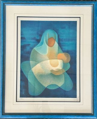 tableau représentant une femme tenant un bébé dans ses bras, dans un cadre bleu