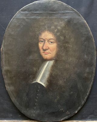 tableau représentant un homme vêtu d'un manteau noir à col blanc