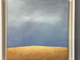 an oil painting of a field with a blue sky in the background