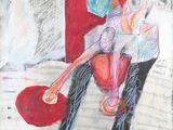 tableau représentant une femme assise sur une chaise, un frisbee rouge à la main