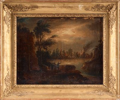 an oil painting of a river scene with a castle in the distance