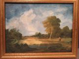 une peinture à l'huile représentant un paysage avec des arbres et une personne au loin