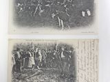 two black and white photos of people in a field with horses