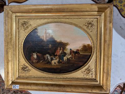 Huile sur panneau, Bergers autour du puit - Ecole hollandais…