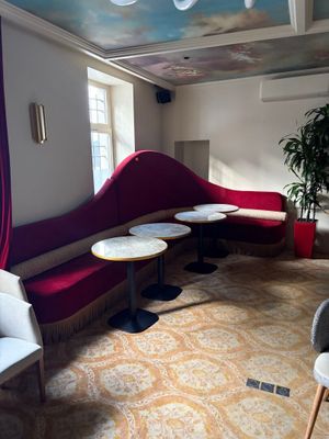 une pièce avec un canapé, des chaises, des tables et une plante en pot