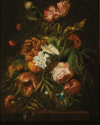 une peinture de fleurs dans un vase sur une table