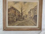 painting of a street scene with buildings and a tree in the foreground