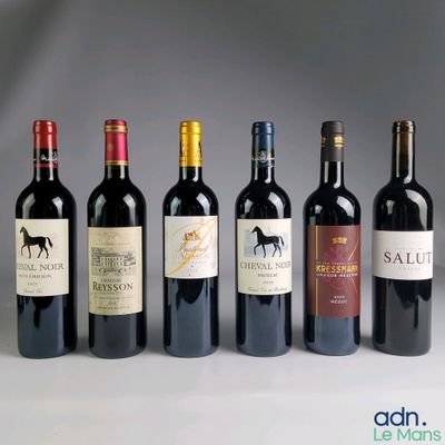 six bouteilles de vin rouge sont alignées