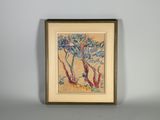 tableau représentant un arbre et un oiseau, encadré et accroché au mur
