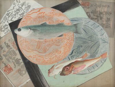 a painting of fish on a plate on a table