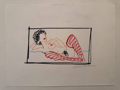 a drawing of a woman laying on a bed with a tennis racket
