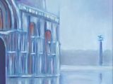 une peinture à l'huile représentant un bâtiment avec une tour horloge en arrière-plan