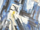 une peinture à l'huile représentant un homme à vélo dans une rue de la ville