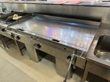 a large stainless steel counter top in a restaurant kitchen