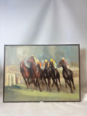 a painting of a group of jockeys racing horses