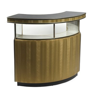 Bar arrondi en skaï doré ouvrant à un tiroir en ceinture.