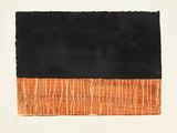 une image représentant une peinture noire et orange sur un mur blanc