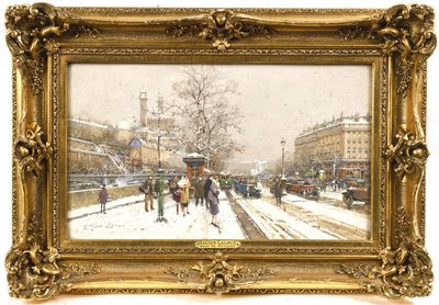 une image représentant un tableau où l'on voit des personnes marchant dans une rue enneigée