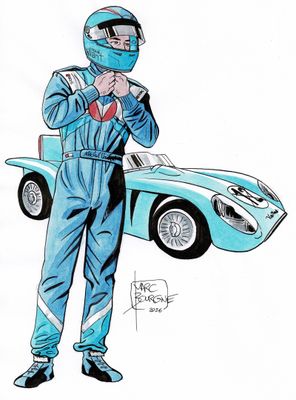 an illustration of a man in a racing suit standing next to a blue sports car