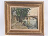 painting of a bridge over a river with a man sitting on a bench in front of it