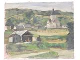 tableau représentant un village avec, au loin, une église située sur une colline
