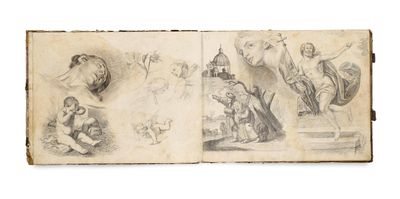 an old book with drawings of people and animals on it