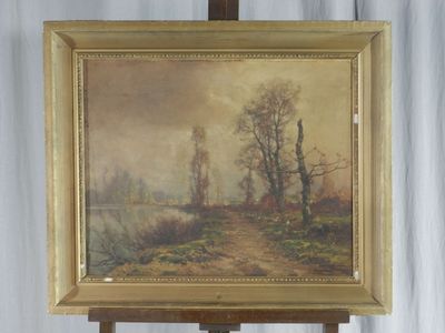 peinture représentant un paysage avec des arbres et une rivière au loin