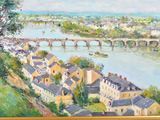 painting of a view of a town with a bridge over a river